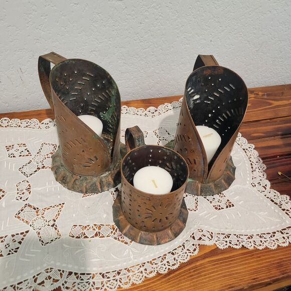 Pfaltzgraff Village Copper Pillar Candle Holders set of 3 Vintage Pierced USA - Picture 5 of 16